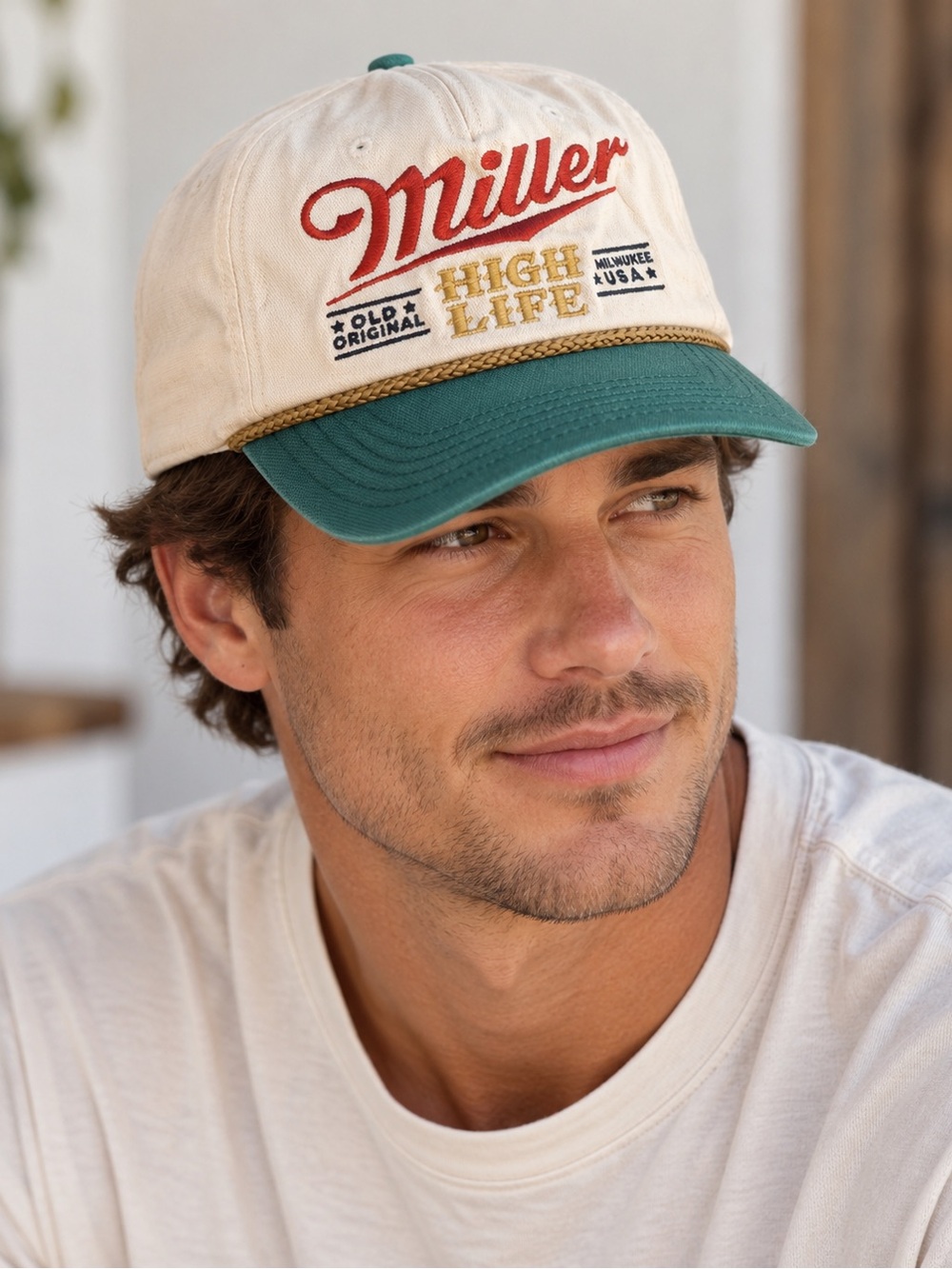 Miller High Life Snapback Hat Cream Green Rope Cap Retro Beer Logo